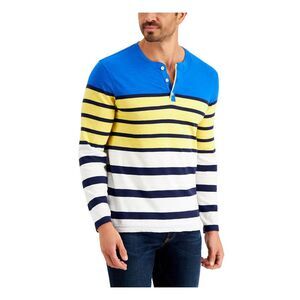 CLUBROOM Mens Blue Striped Classic Fit Henley Shirt S